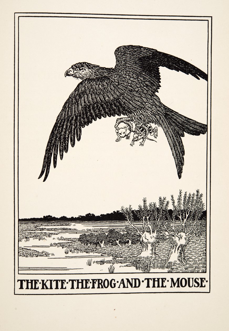 Leija, sammakko ja hiiri, julkaisusta A Hundred Fables of Aesop, pub.1903 tekijältä Percy J. Billingshurst