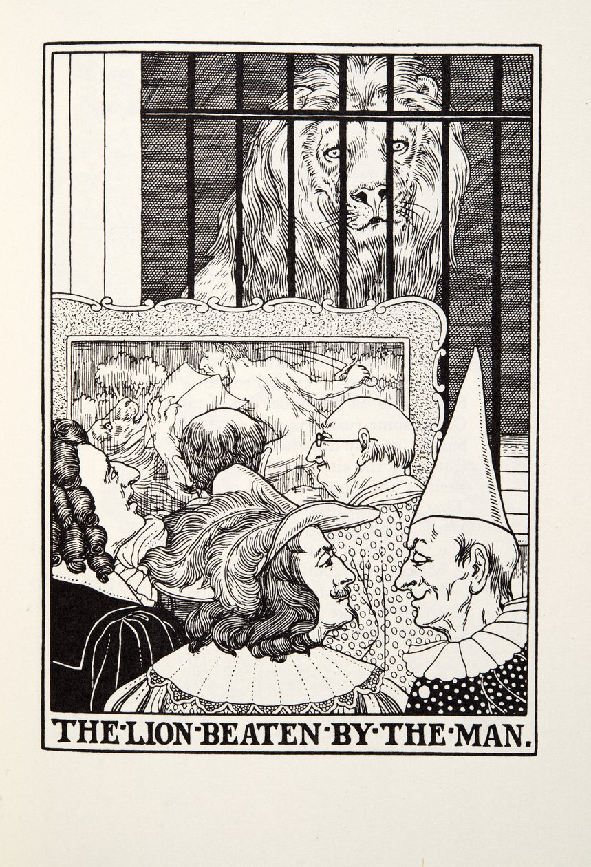 The Lion Beaten by the Man, Fontaine Fables, pub. 1905 tekijältä Percy J. Billingshurst
