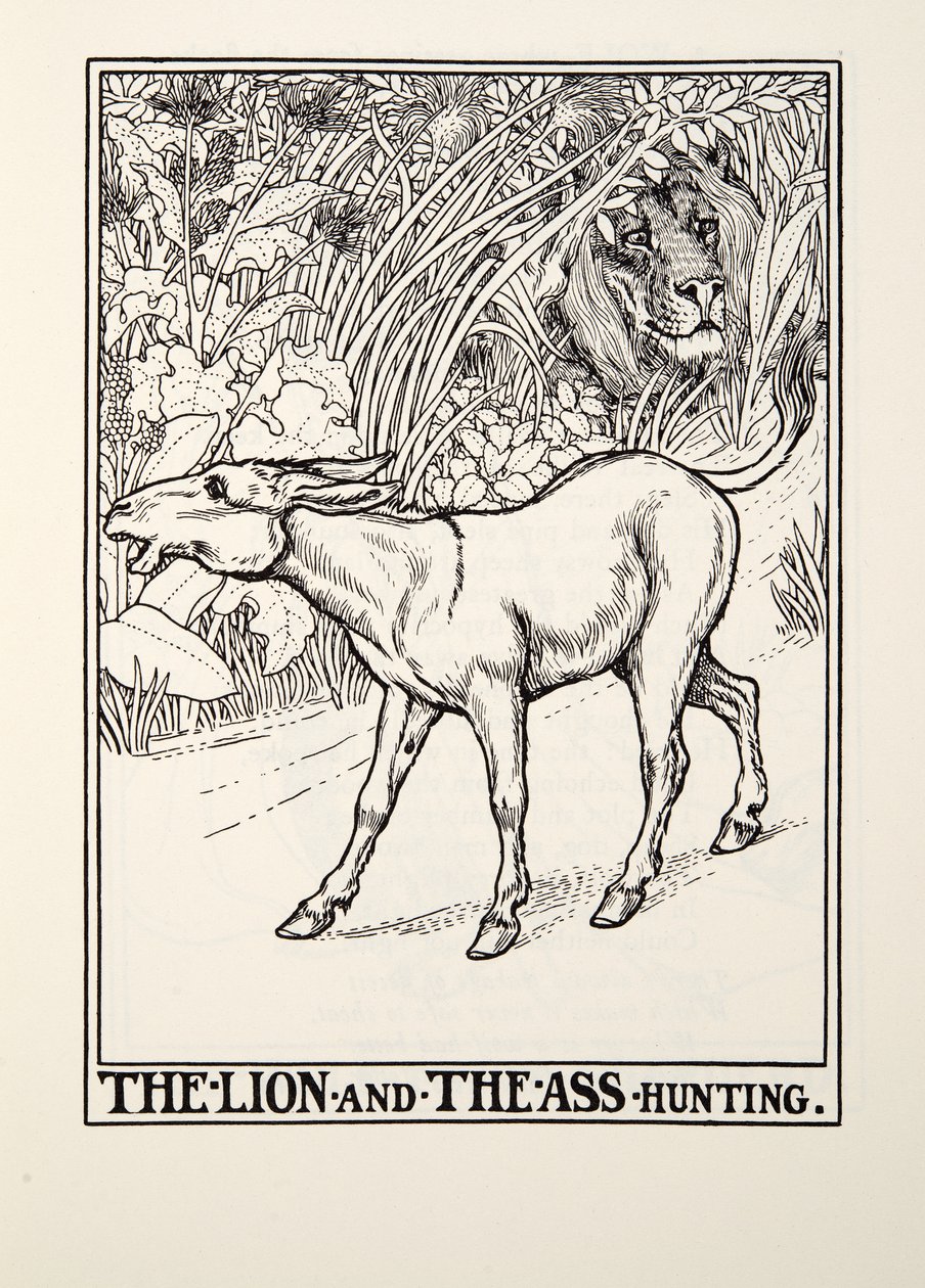 Leijonan ja aasin metsästys, Fontainen taruista, pub. 1905 tekijältä Percy J. Billingshurst