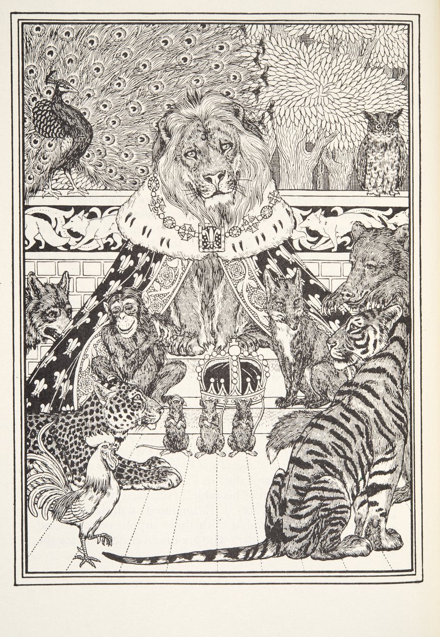 Leijona ja hänen kumppaninsa, etukuva, teoksesta Fontaine Fables, pub. 1905 tekijältä Percy J. Billingshurst