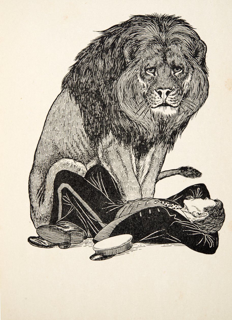 Leijona ja hänen vartijansa, A Hundred Anekdootes of Animals, pubista. 1924 tekijältä Percy J. Billingshurst