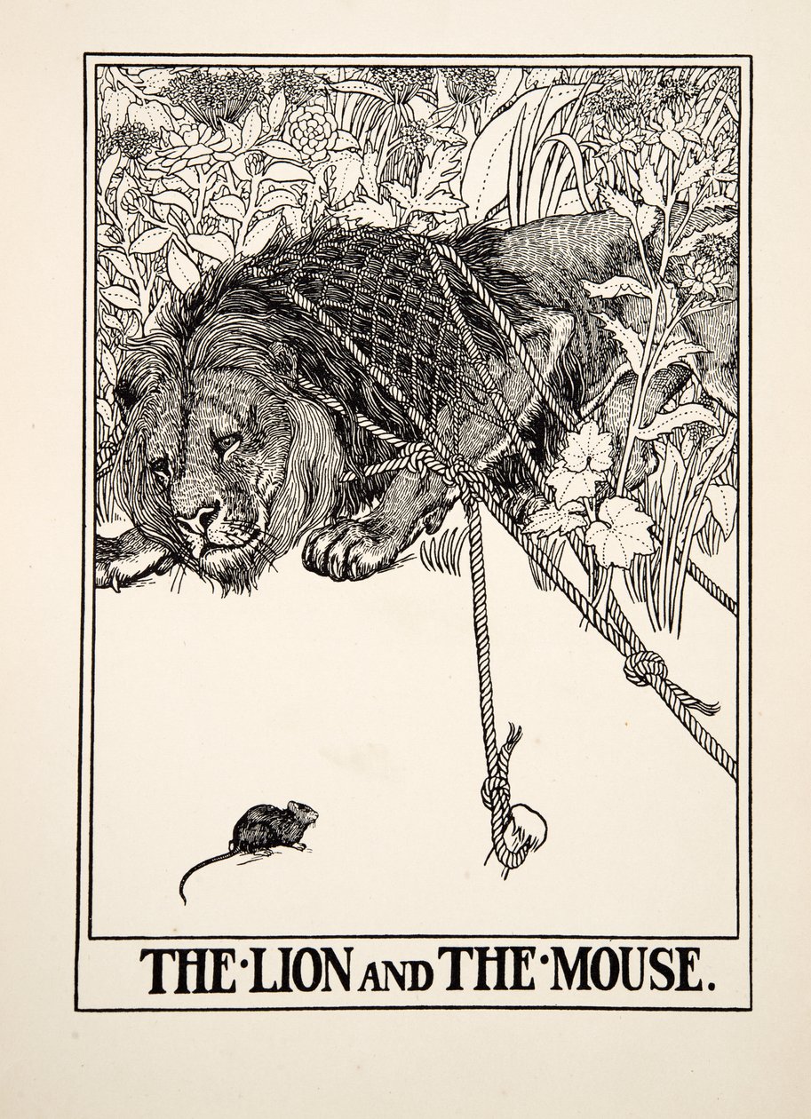 Leijona ja hiiri, julkaisusta A Hundred Fables of Aesop, pub.1903 tekijältä Percy J. Billingshurst