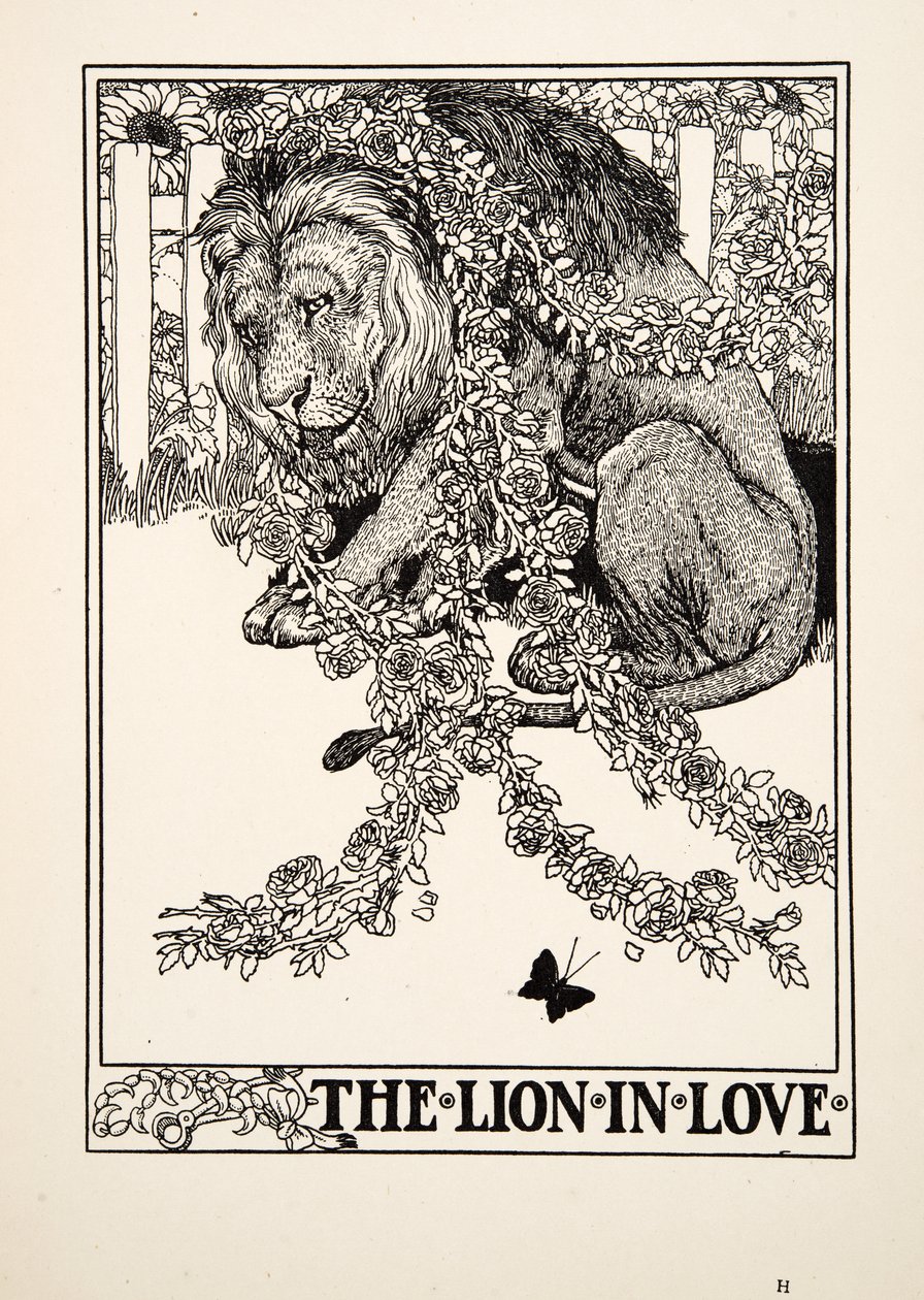 Rakastunut leijona, sarjasta A Hundred Fables of Aesop, pub.1903 tekijältä Percy J. Billingshurst