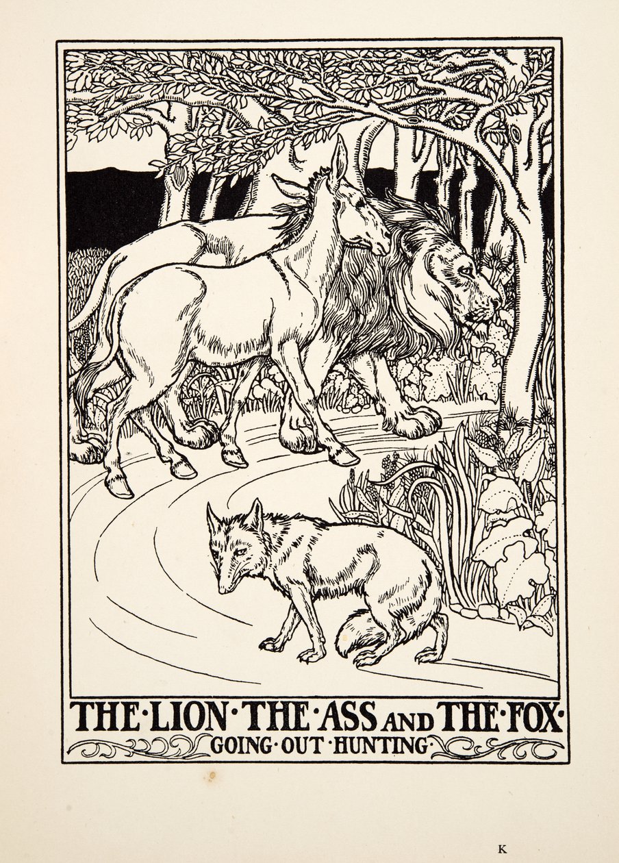 Leijona, aasi ja kettu metsästämässä, julkaisusta A Hundred Fables of Aesop, pub.1903 (kaiverrus) tekijältä Percy J. Billingshurst