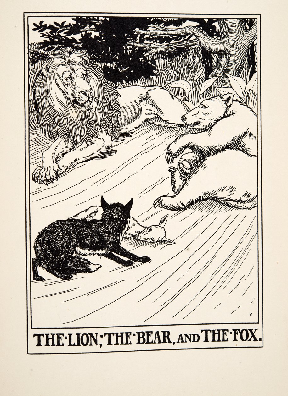 Leijona, karhu ja kettu, sarjasta A Hundred Fables of Aesop, pub.1903 tekijältä Percy J. Billingshurst