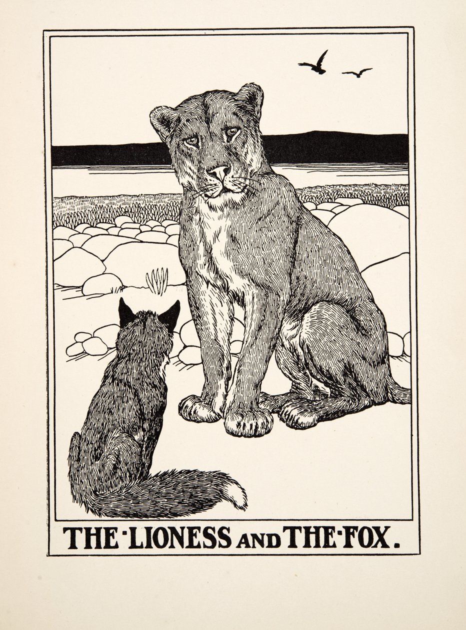 Leijona ja kettu, julkaisusta A Hundred Fables of Aesop, pub.1903 tekijältä Percy J. Billingshurst