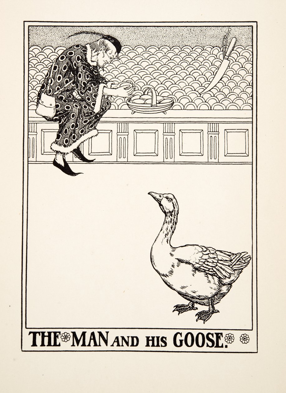 Mies ja hänen hanhi, teoksesta A Hundred Fables of Aesop, pub.1903 (kaiverrus) tekijältä Percy J. Billingshurst
