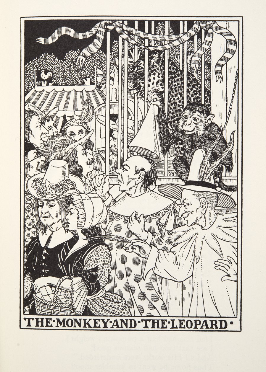 Apina ja leopardi, Fontainen taruista, pub. 1905 tekijältä Percy J. Billingshurst