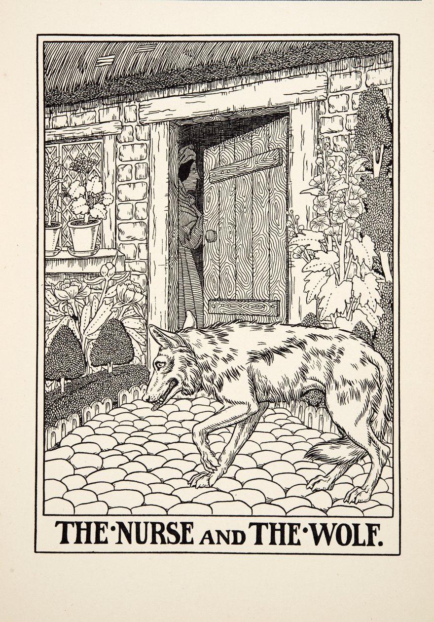 Sairaanhoitaja ja susi, julkaisusta A Hundred Fables of Aesop, pub.1903 tekijältä Percy J. Billingshurst