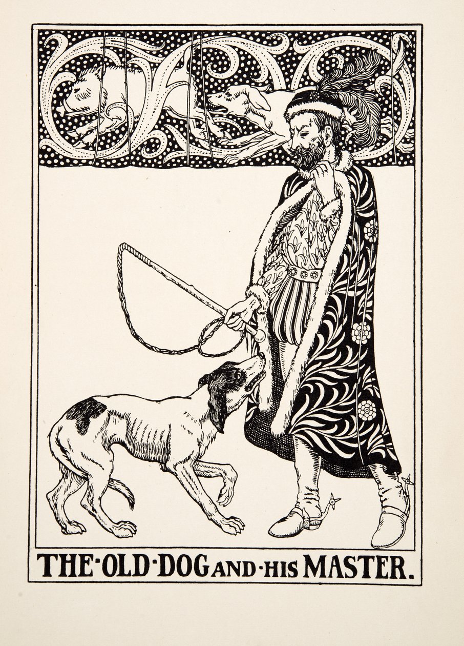 Vanha koira ja hänen isäntänsä, julkaisusta A Hundred Fables of Aesop, pub.1903 tekijältä Percy J. Billingshurst