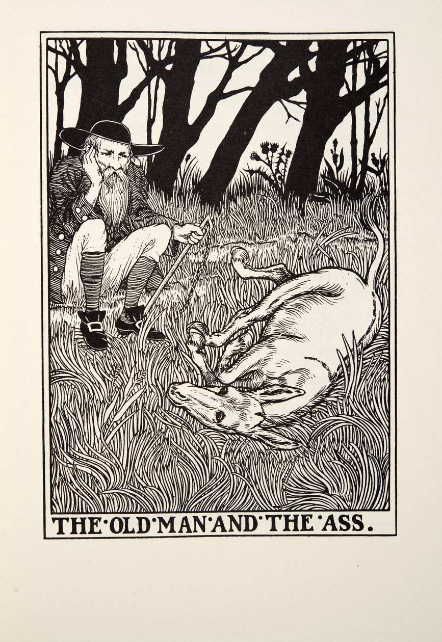 Vanhus ja aasi, Fontainen saduista, pub. 1905 tekijältä Percy J. Billingshurst