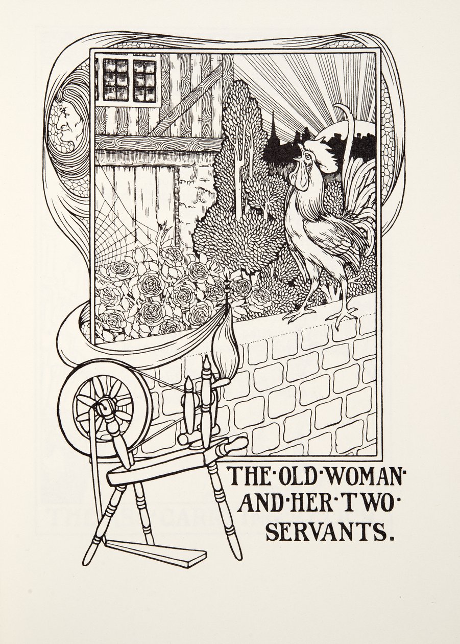 Vanha nainen ja hänen kaksi palvelijaansa, Fontaine Fables, pub. 1905 (kaiverrus) tekijältä Percy J. Billingshurst
