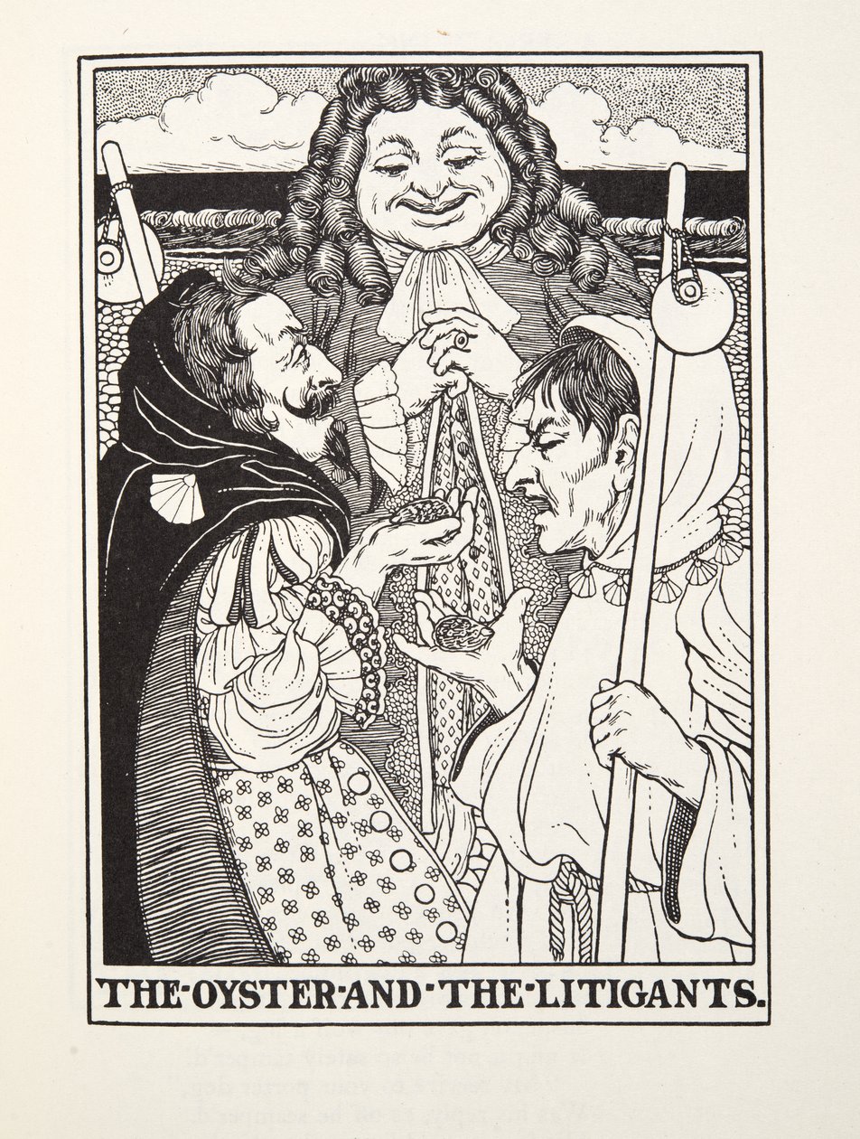 The Oyster and the Litigants, Fontaine Fables, pub. 1905 (kaiverrus) tekijältä Percy J. Billingshurst