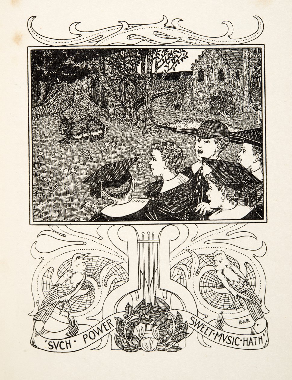 Musiikin voima, sarjasta A Hundred Anekdootes of Animals, pub. 1924 (kaiverrus) tekijältä Percy J. Billingshurst