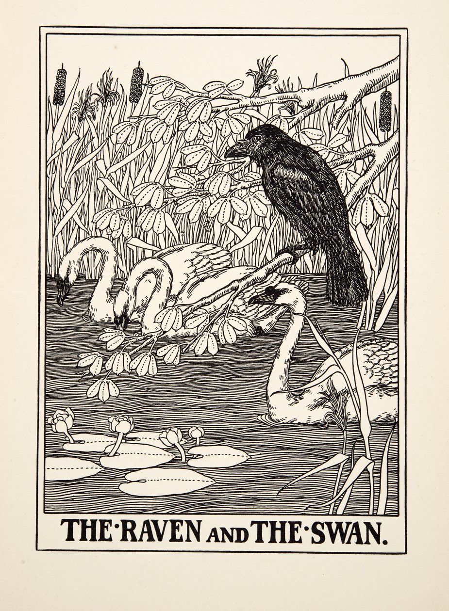Korppi ja joutsen, julkaisusta A Hundred Fables of Aesop, pub.1903 tekijältä Percy J. Billingshurst
