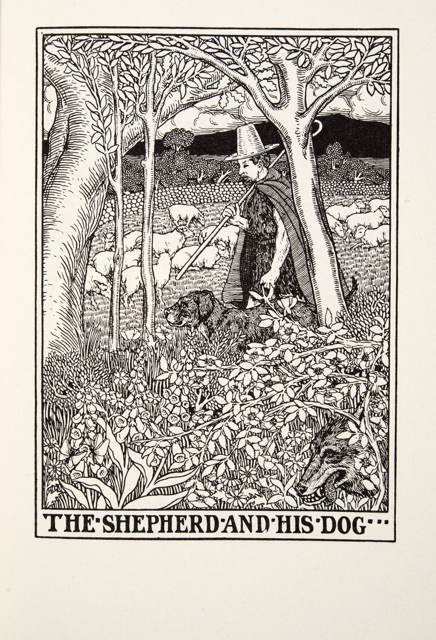 Paimen ja hänen koiransa, Fontainen taruista, pub. 1905 tekijältä Percy J. Billingshurst