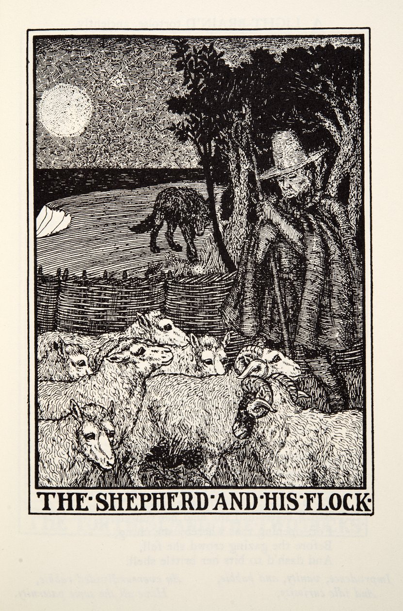 Paimen ja hänen laumansa, teoksesta Fontaine Fables, pub. 1905 tekijältä Percy J. Billingshurst