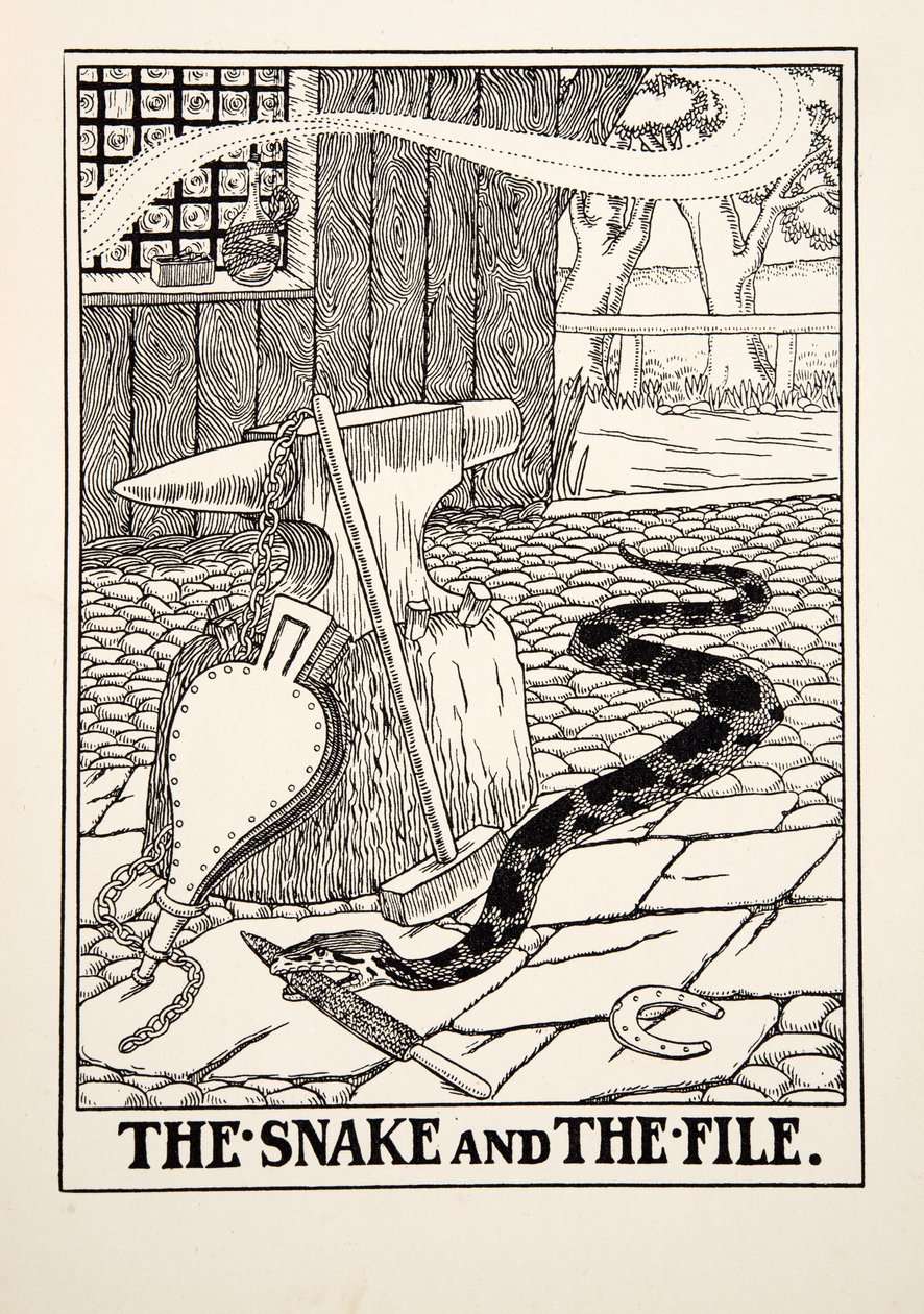 Snake and the File, julkaisusta A Hundred Fables of Aesop, pub.1903 (kaiverrus) tekijältä Percy J. Billingshurst