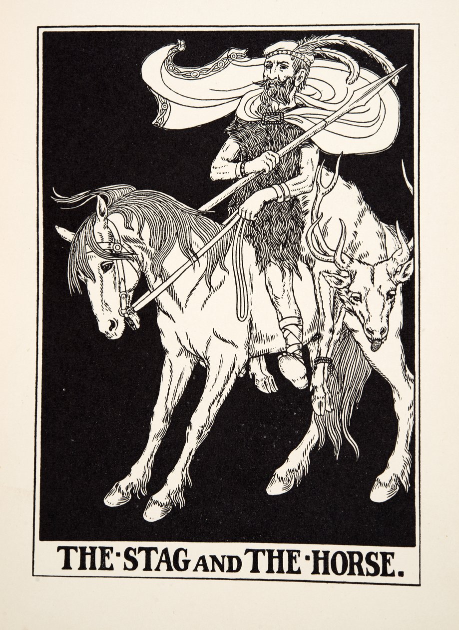 The Stag and the Horse, julkaisusta A Hundred Fables of Aesop, pub.1903 (kaiverrus) tekijältä Percy J. Billingshurst