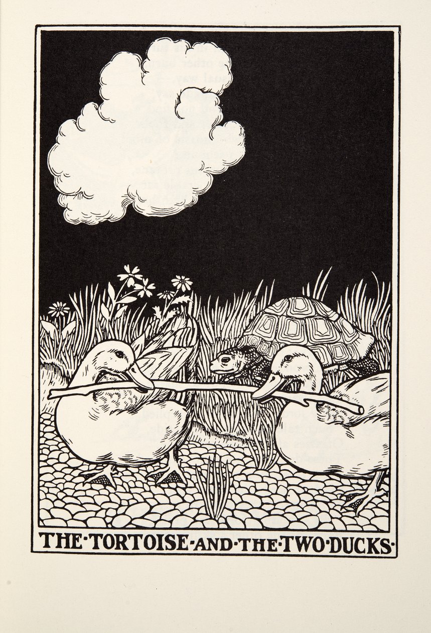 Kilpikonna ja kaksi ankkaa, teoksesta Fontaine Fables, pub. 1905 tekijältä Percy J. Billingshurst