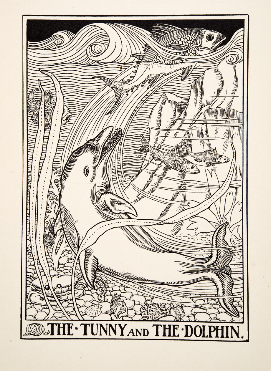Tunni ja delfiini, julkaisusta A Hundred Fables of Aesop, pub.1903 tekijältä Percy J. Billingshurst