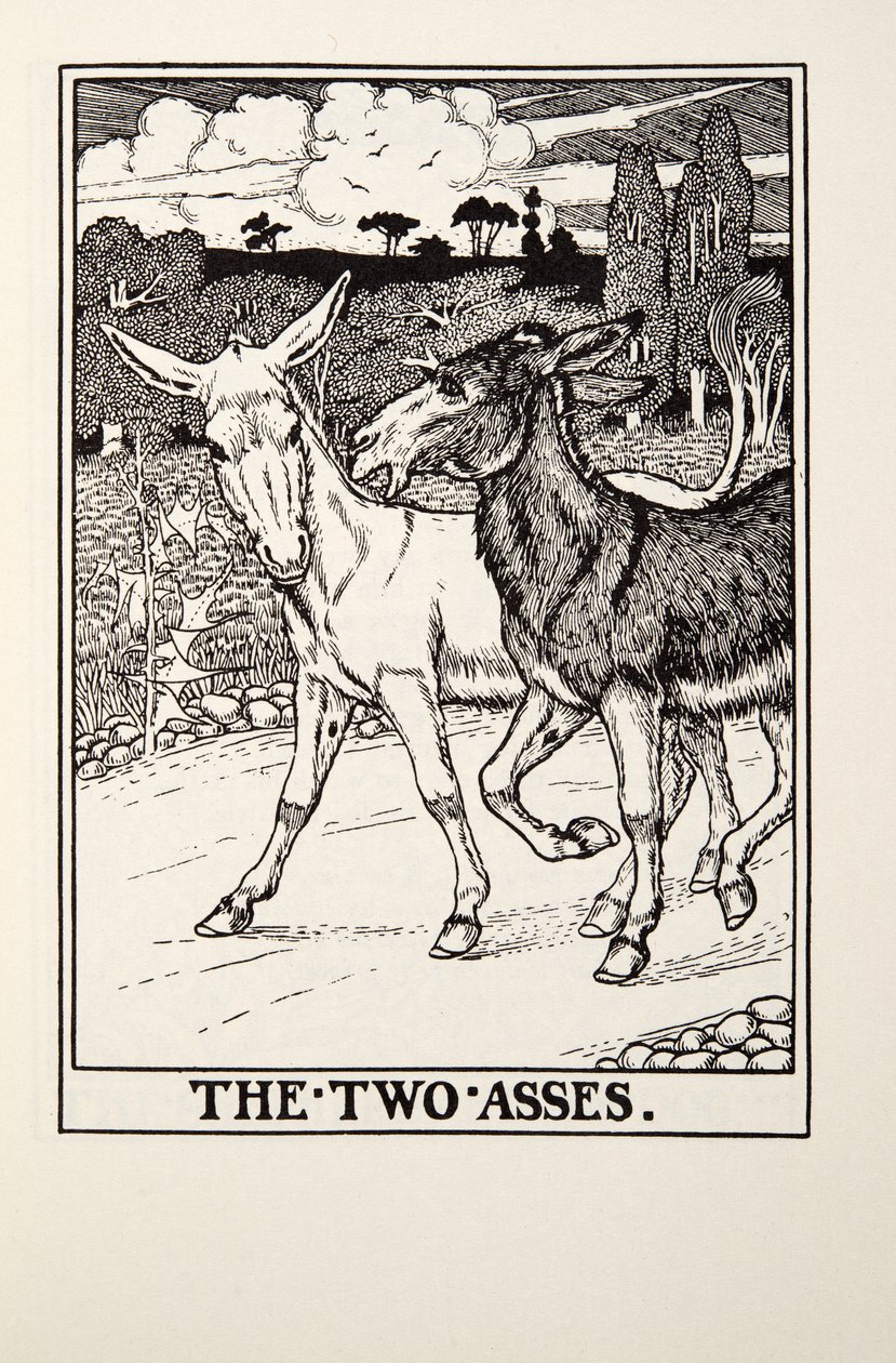 Kaksi aasia, teoksesta Fontainen taruja, pub. 1905 tekijältä Percy J. Billingshurst