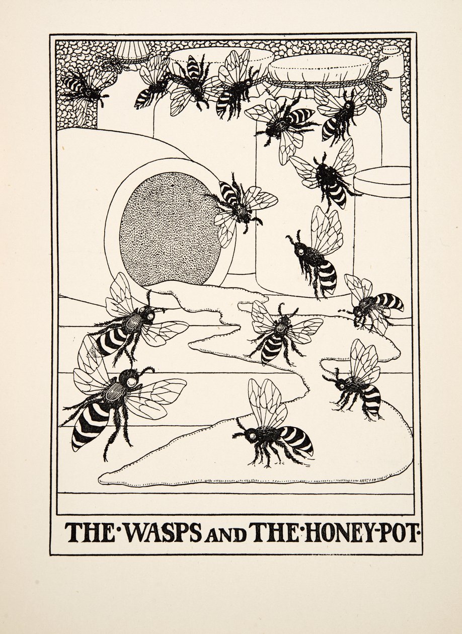 Ampiaiset ja hunajapotti, julkaisusta A Hundred Fables of Aesop, pub.1903 tekijältä Percy J. Billingshurst
