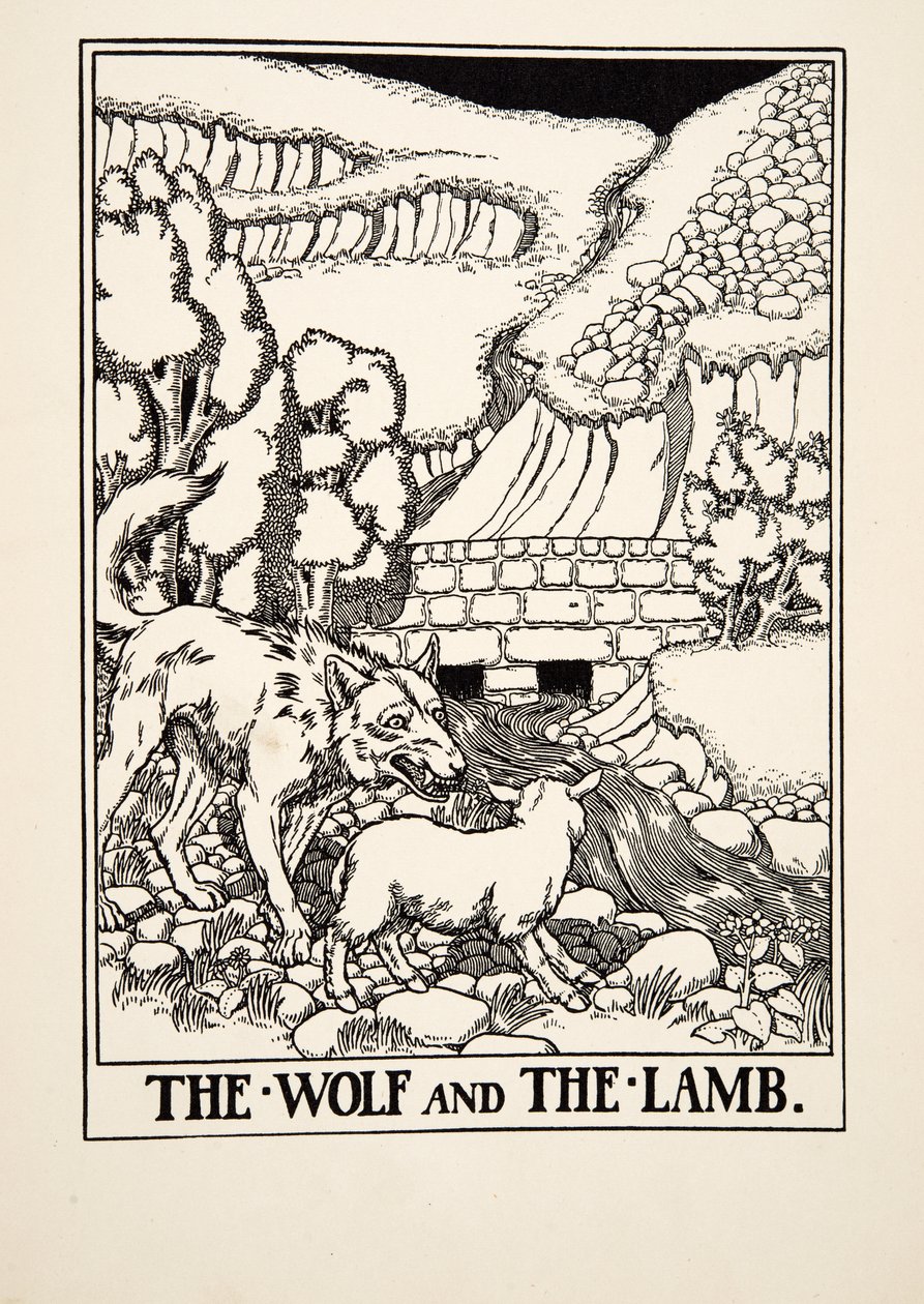 Susi ja lammas, julkaisusta A Hundred Fables of Aesop, pub.1903 tekijältä Percy J. Billingshurst