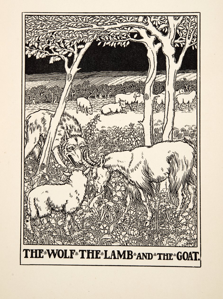 Susi, lammas ja vuohi, julkaisusta A Hundred Fables of Aesop, pub.1903 (kaiverrus) tekijältä Percy J. Billingshurst