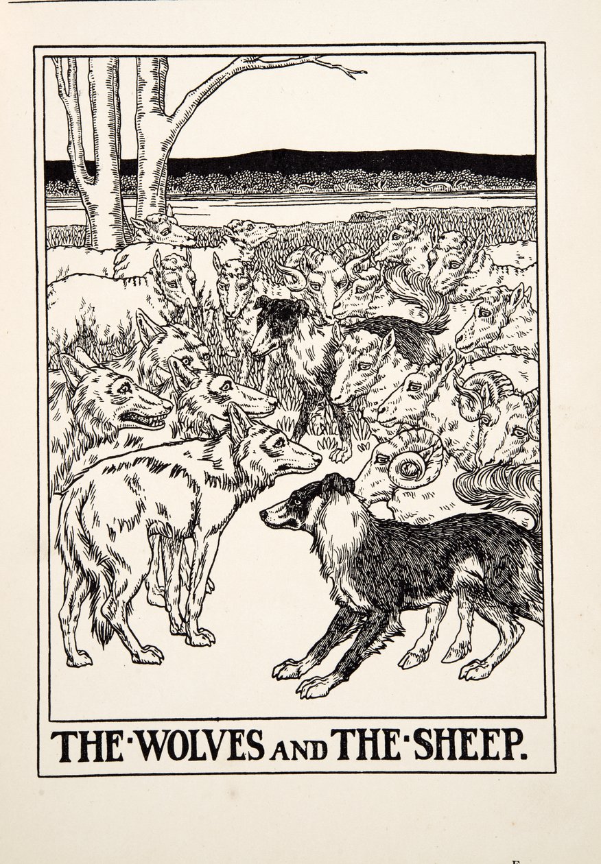 Sudet ja lampaat, julkaisusta A Hundred Fables of Aesop, pub.1903 (kaiverrus) tekijältä Percy J. Billingshurst