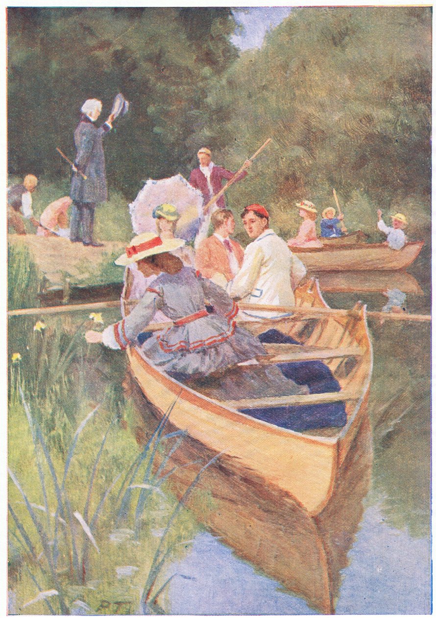 Laurie ja Jo soutivat yhdellä veneellä, Associated Newspapers Limitedin julkaisemasta Little Women -kirjasta, n. 1940 (väri litho) tekijältä Percy Tarrant