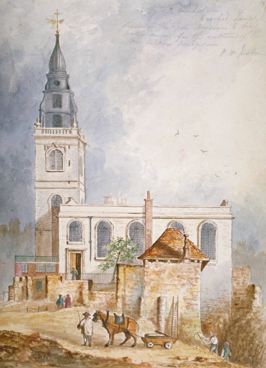 Näkymä St Michaelin kirkolle, Crooked Lane, Lontoon kaupunki, 1831 tekijältä Percy William Justyne