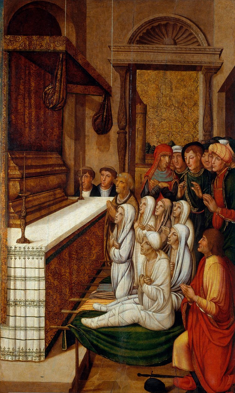 Kuusi ylösnousemusta devant les reliques de saint Etienne - Kuusi ylösnousemusta ennen Pyhän Tapanin jäännöksiä - Peinture de Pere (Pedro) Gasco (1502/05-1546) - noin 1535 - Tempera taulussa - 146,7x88,5 d - Museu