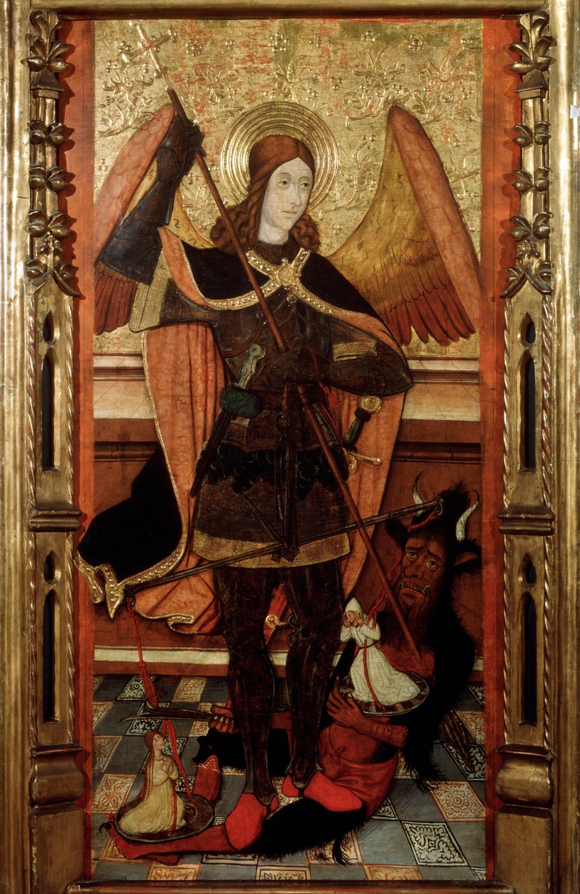 Arkkienkeli Mikael punnitsemassa kuolleiden sieluja, 1500-luvun alku. tekijältä Pere Espalargues the younger