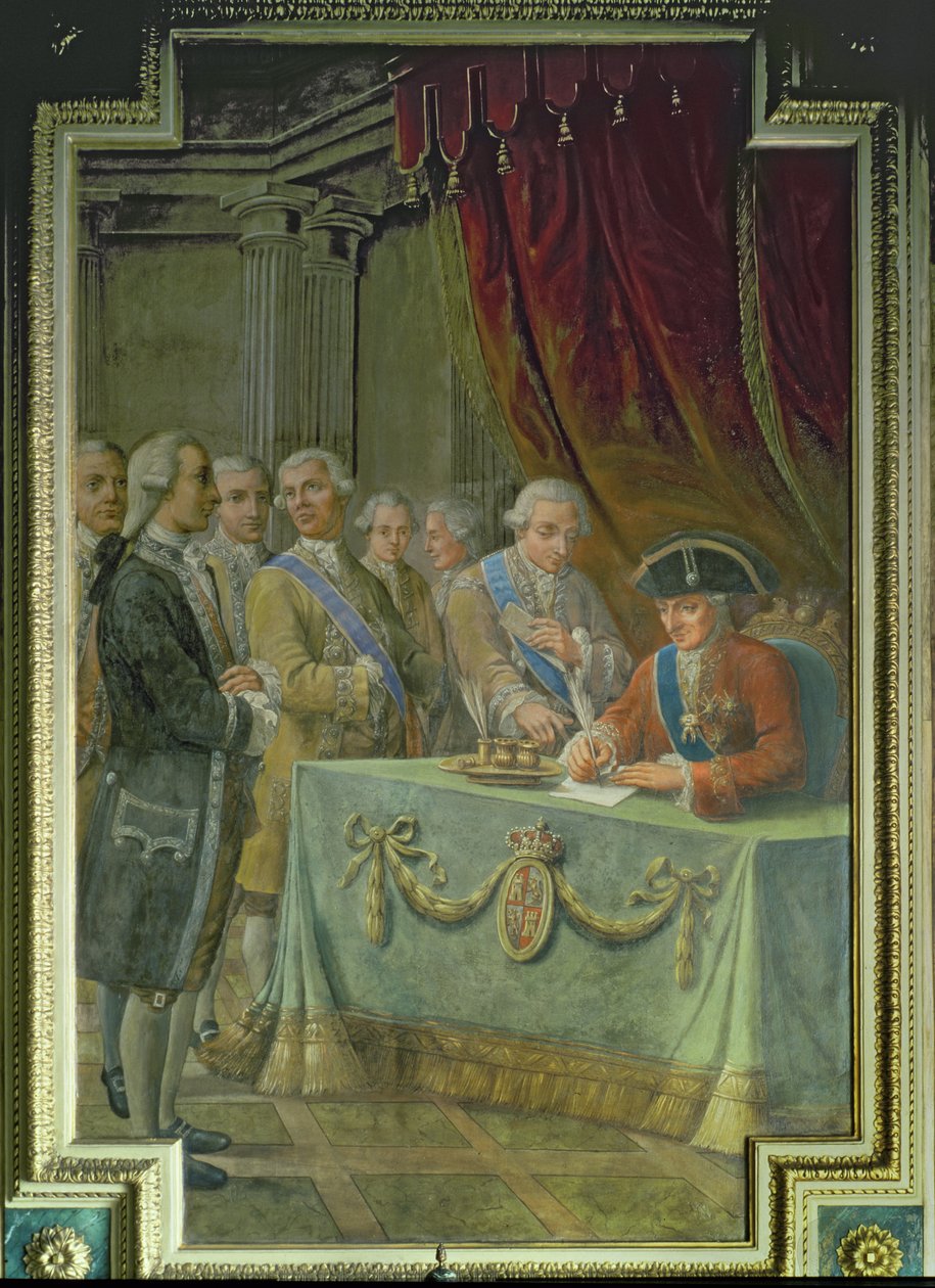 Kaarle III (1716-88) allekirjoittaa asetuksen, jolla sallitaan kauppa Aasian ja Filippiinien kanssa tekijältä Pere Pau Muntanya