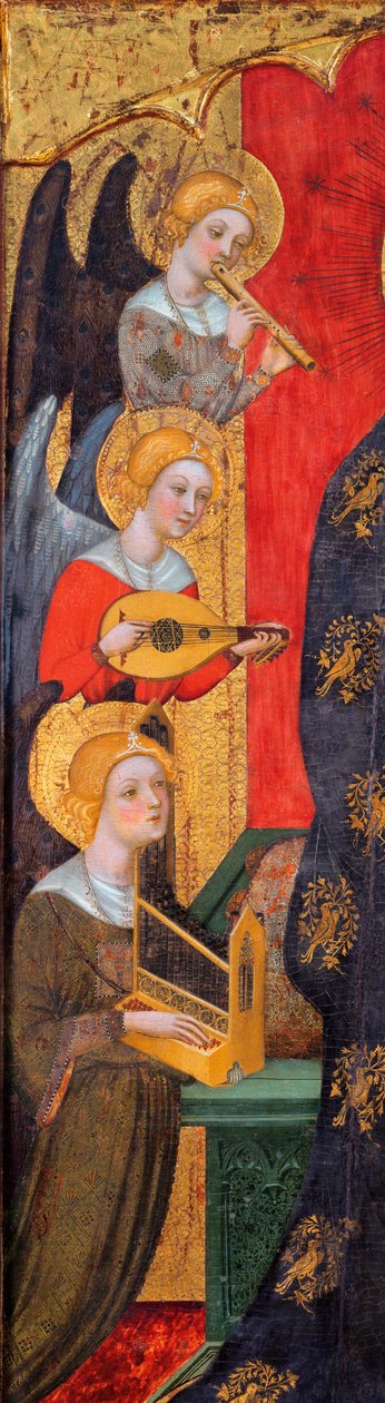 Madonna muusikkoenkelien ympäröimänä - Yksityiskohta enkeleistä - Madonna musiikkia soittavien enkelien kanssa (yksityiskohta) - Pere Serran maalaus (toimii noin 1357-1406), noin 1380 - Tempera taulussa - Museu Nacional d