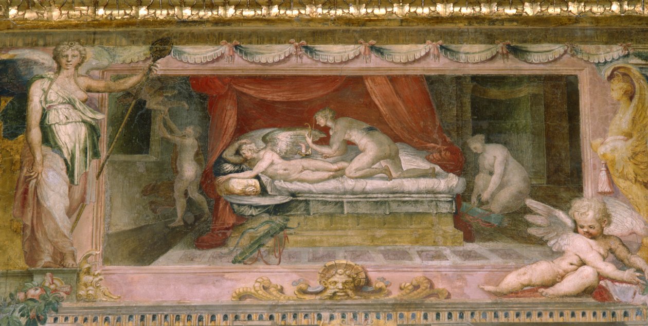 Friisi Cupidon ja Psychen huoneen katossa, n. 1530 tekijältä Perino del Vaga
