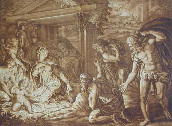 Paimenten palvonta, kaiverrus Elisah Kirkhall (1682-1742) 1724 (väri litho) tekijältä Perino del Vaga