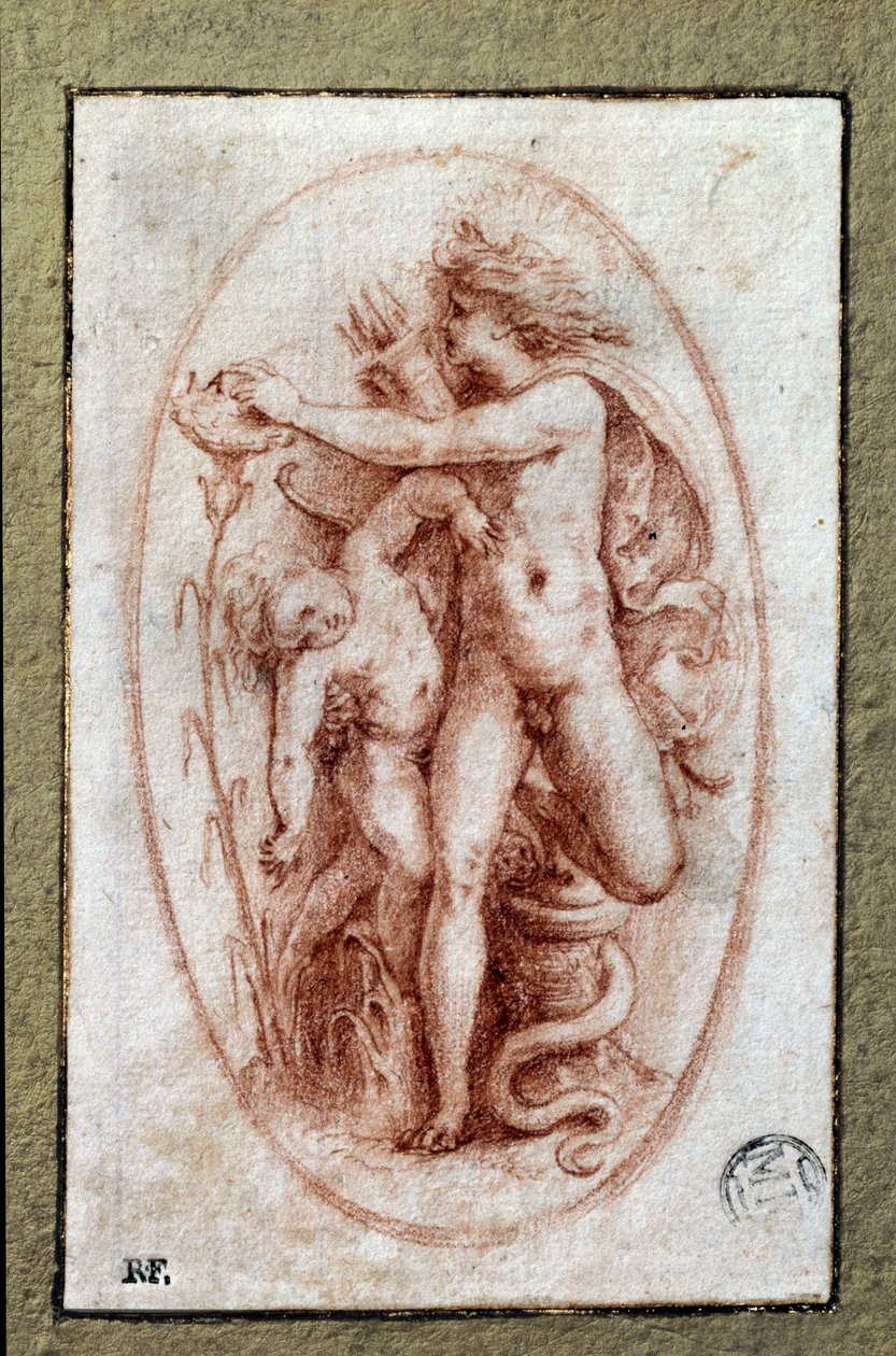 Apollo ja Hyasintti. Pietro Buonaccorsin (1500-1546/47) piirustus a la sanguine, joka tunnetaan myös nimellä Pierino del Vaga tekijältä Perino del Vaga