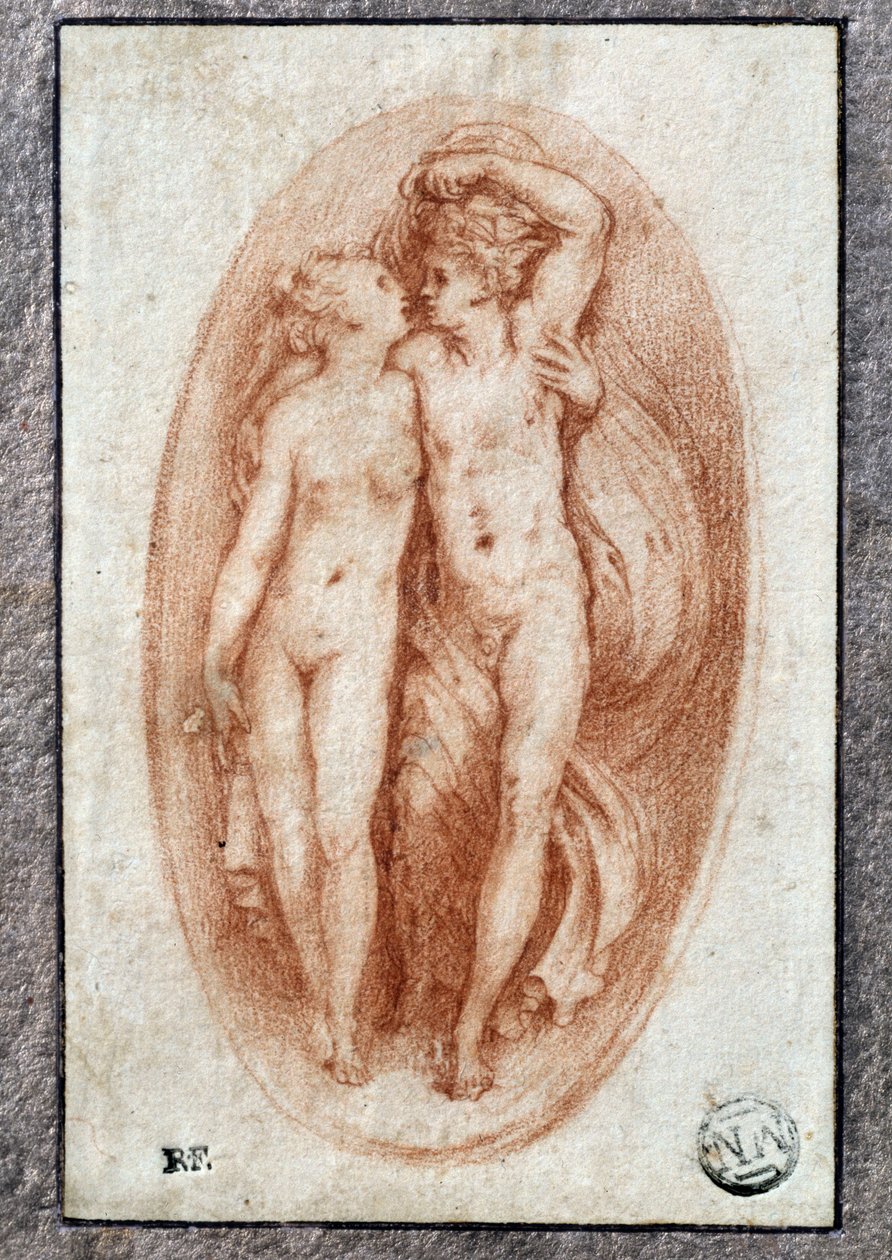 Pari syleilee. Pietro Buonaccorsin (1500-1546/47) piirustus a la sanguine, joka tunnetaan myös nimellä Pierino del Vaga tekijältä Perino del Vaga