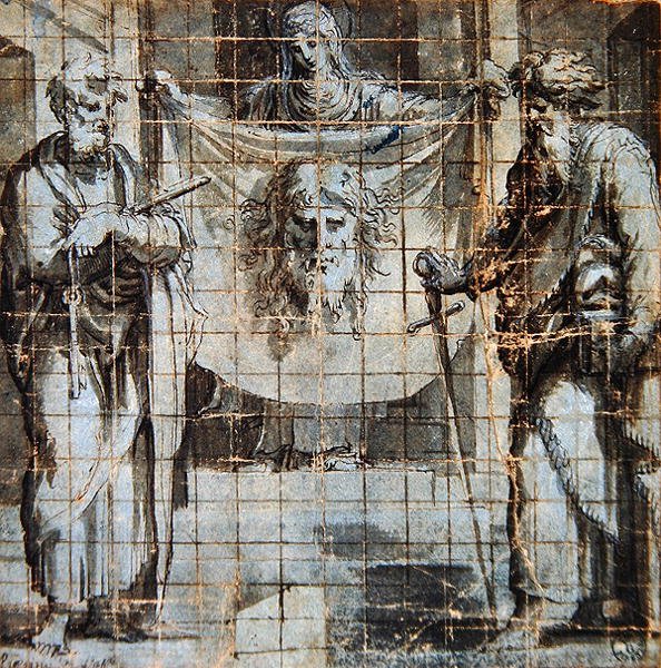 St. Veronica SS:n kanssa. Pietari ja Paavali (kynä ja muste ja pese paperille) tekijältä Perino del Vaga