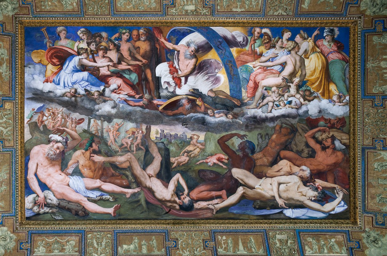 Zeus iskee kapinallisiin jättiläisiin (Jättiläisten kaatuminen) Jupiterin salissa tekijältä Perino del Vaga