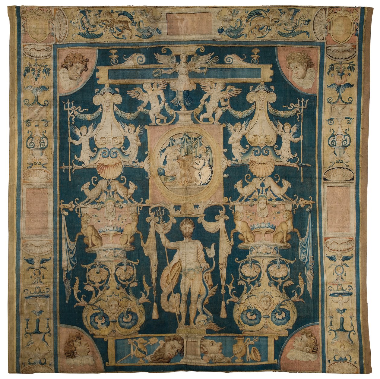 Neptunusta kuvaava allegorinen kuvakudos Doria Grotesques -sarjasta, jossa on keskellä oleva figuraalinen pyöreä Poseidonin yläpuolella, Bryssel, n. 1545-50 tekijältä Perino del Vaga
