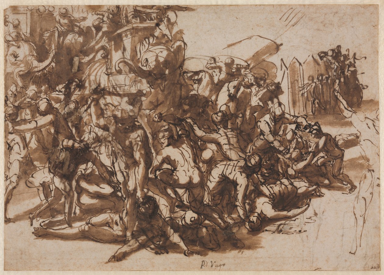 Poros Assailed by the Makedonian Army recto, Sketches of Animals verso, n. 154547. tekijältä Perino del Vaga