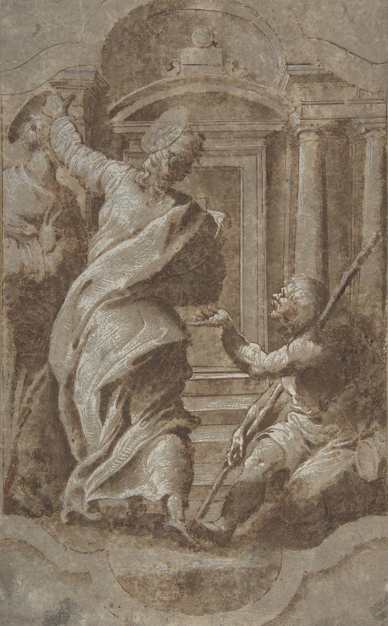 Pyhät Pietari ja Johannes parantavat rampaa temppelin portilla, 1501-47. tekijältä Perino del Vaga