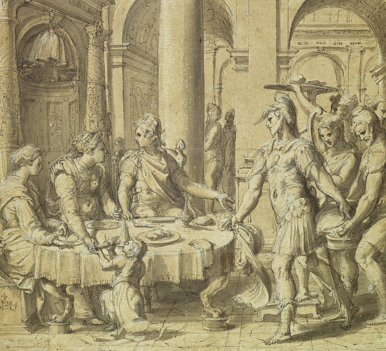Didon ja Aeneaksen juhla, malli kuvakudossarjasta Story of Aeneas, n. 1532 (kynä ja muste ja pesu paperille) tekijältä Perino del Vaga