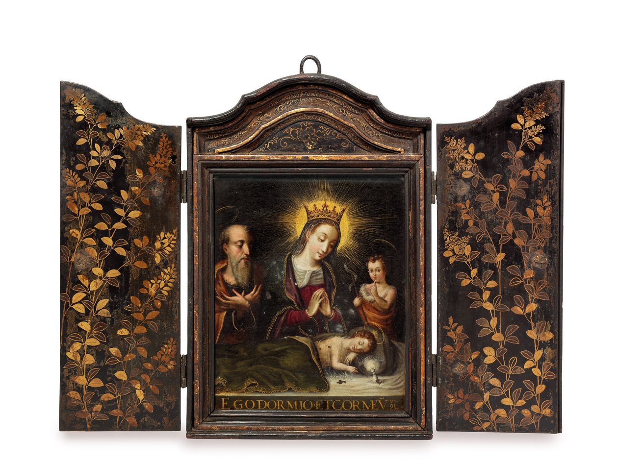 Portugalilaisten jesuiitojen tilaama kannettava kristillinen pyhäkkö (Seigan) (öljy kuparilla). tekijältä Period Momoyama