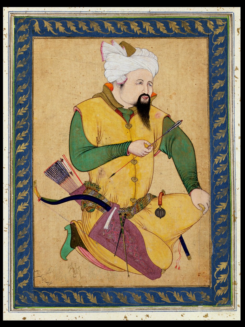 Turkomaani tai mongolien päällikkö pitelee nuolta, Large Clive -albumista, 1591-92 (maali puuvillalle) tekijältä Persian School
