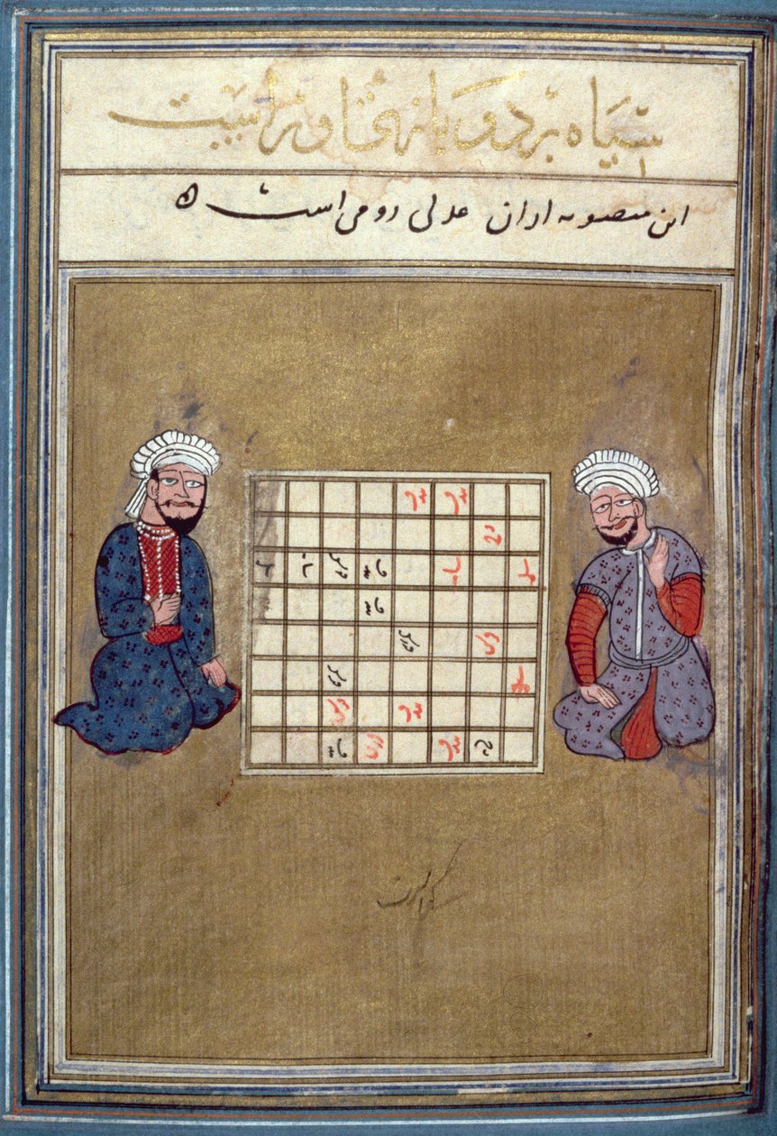 Shakinpelaajat, sivu shakkia käsittelevästä traktaatista, varhainen Safavid, 1500-luvun toinen puoli tekijältä Persian School