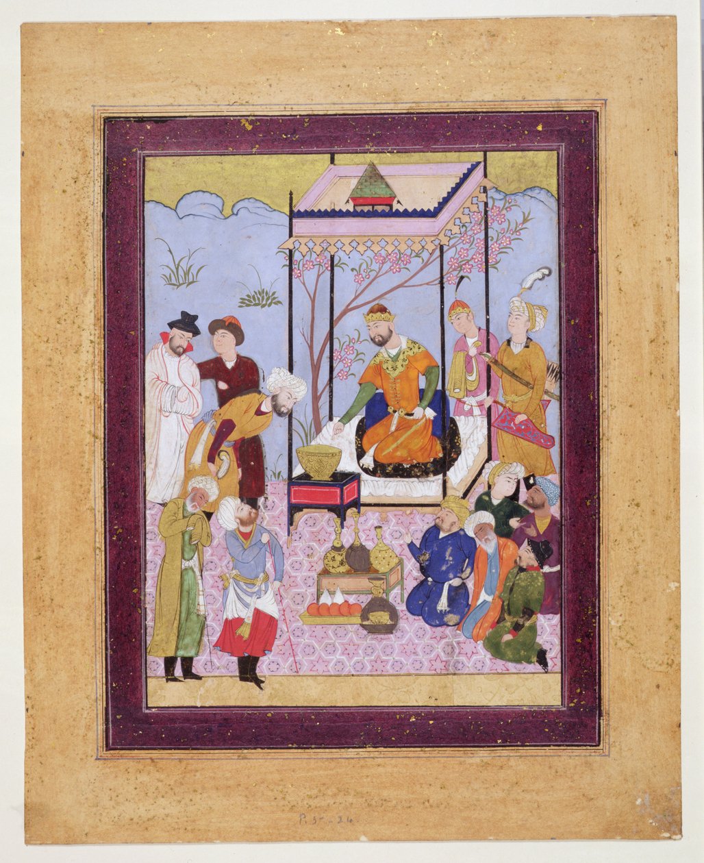 Nizamin Khamsa paviljongissa seuraajien ja palvelijoiden keskuudessa, n. 1590 (wc, vartalonväri ja kullattu kortissa) tekijältä Persian School